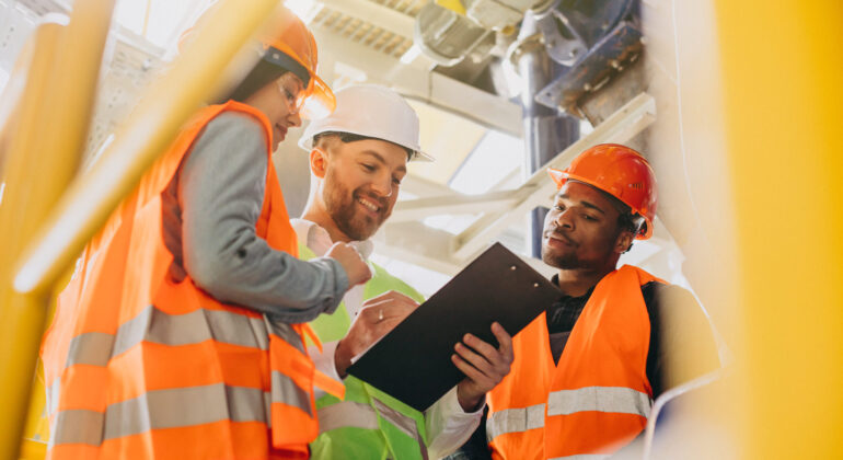 Three people discussing a plan at a factory